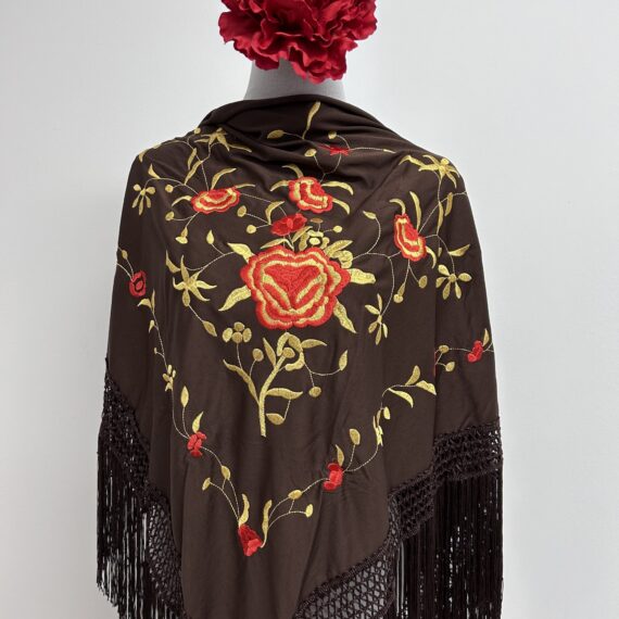 Mantón Chocolate  Con Una Rosa Roja Y Dorada Bordada.