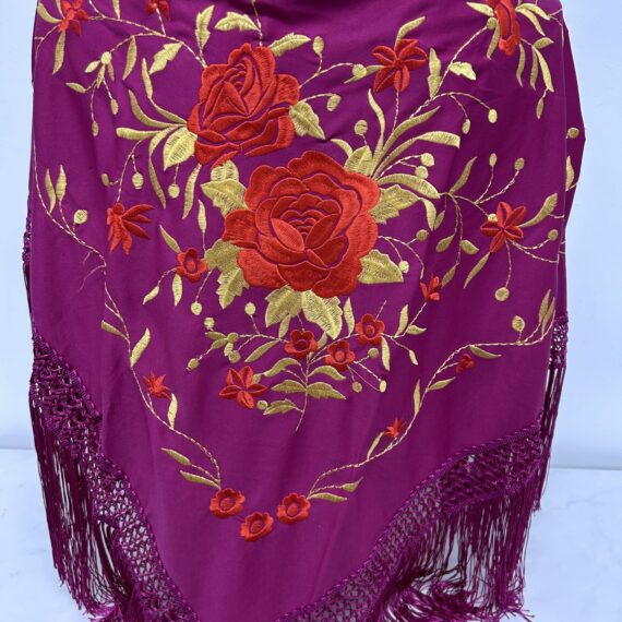 Manton Buganvilla Bordado Dos Flores Rojas y Doradas